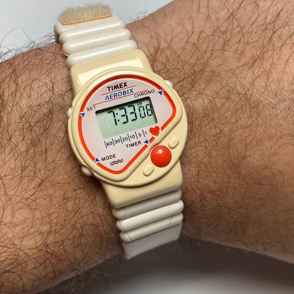 Timex Aerobix chrono vintage digital watch, new battery, velcro, rubber strap